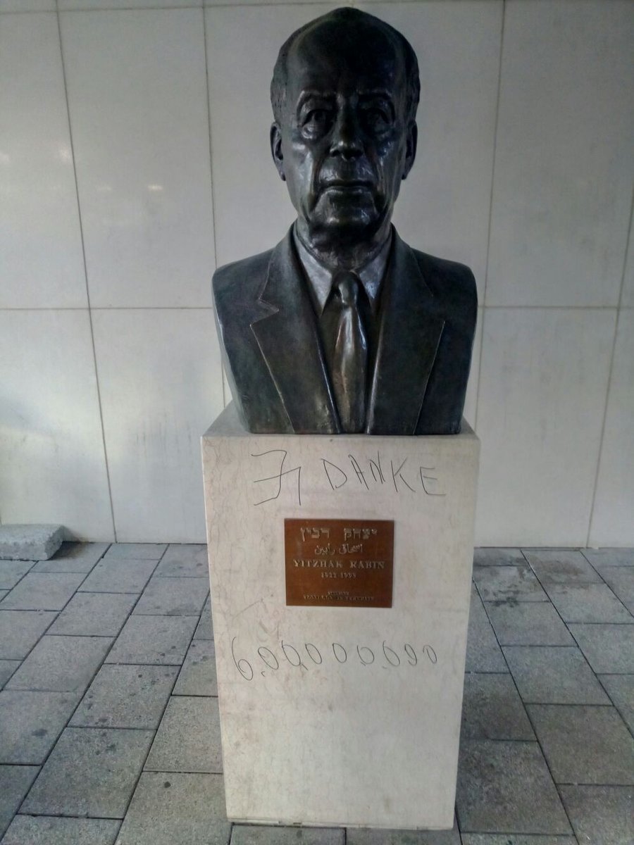 צלב קרס על פסלו של יצחק רבין בתל אביב