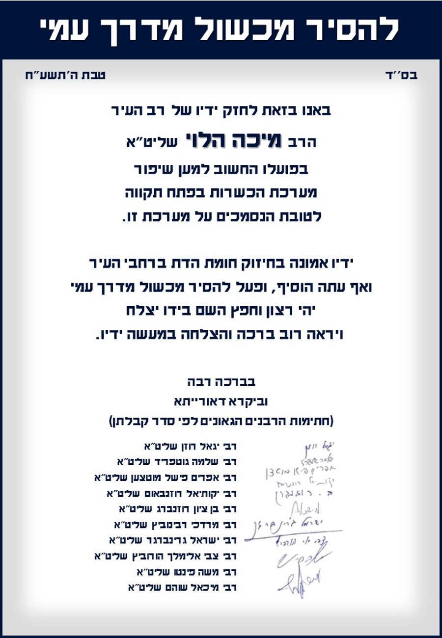 מכתב הגיבוי לרב העיר הרב מיכה הלוי
