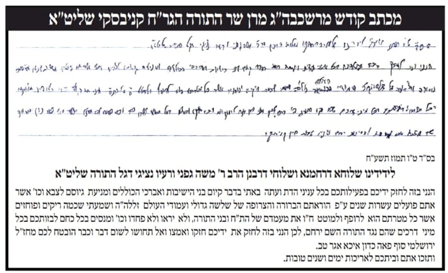 הגר"ח קנייבסקי שלח מכתב תמיכה מיוחד לח"כ משה גפני