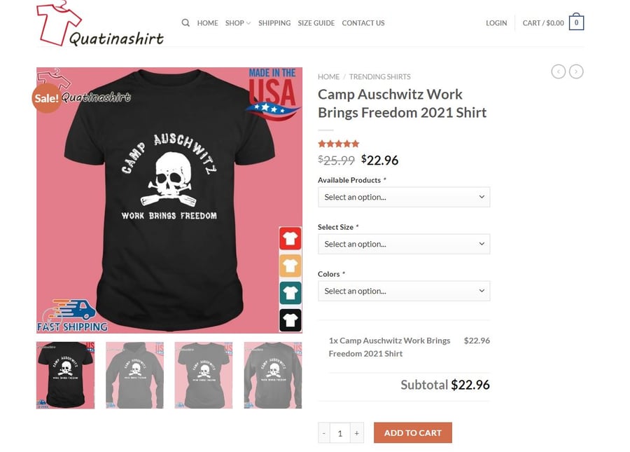 אתר שבו נמכרות חולצות 'מחנה אושוויץ' ו'העבודה משחררת'