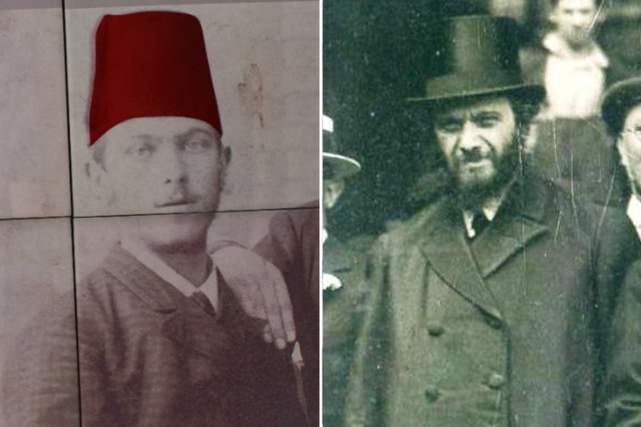 הגרמ"מ אפשטיין, מימין - במסע הרבנים לארה"ב, משמאל - עם התרבוש האדום