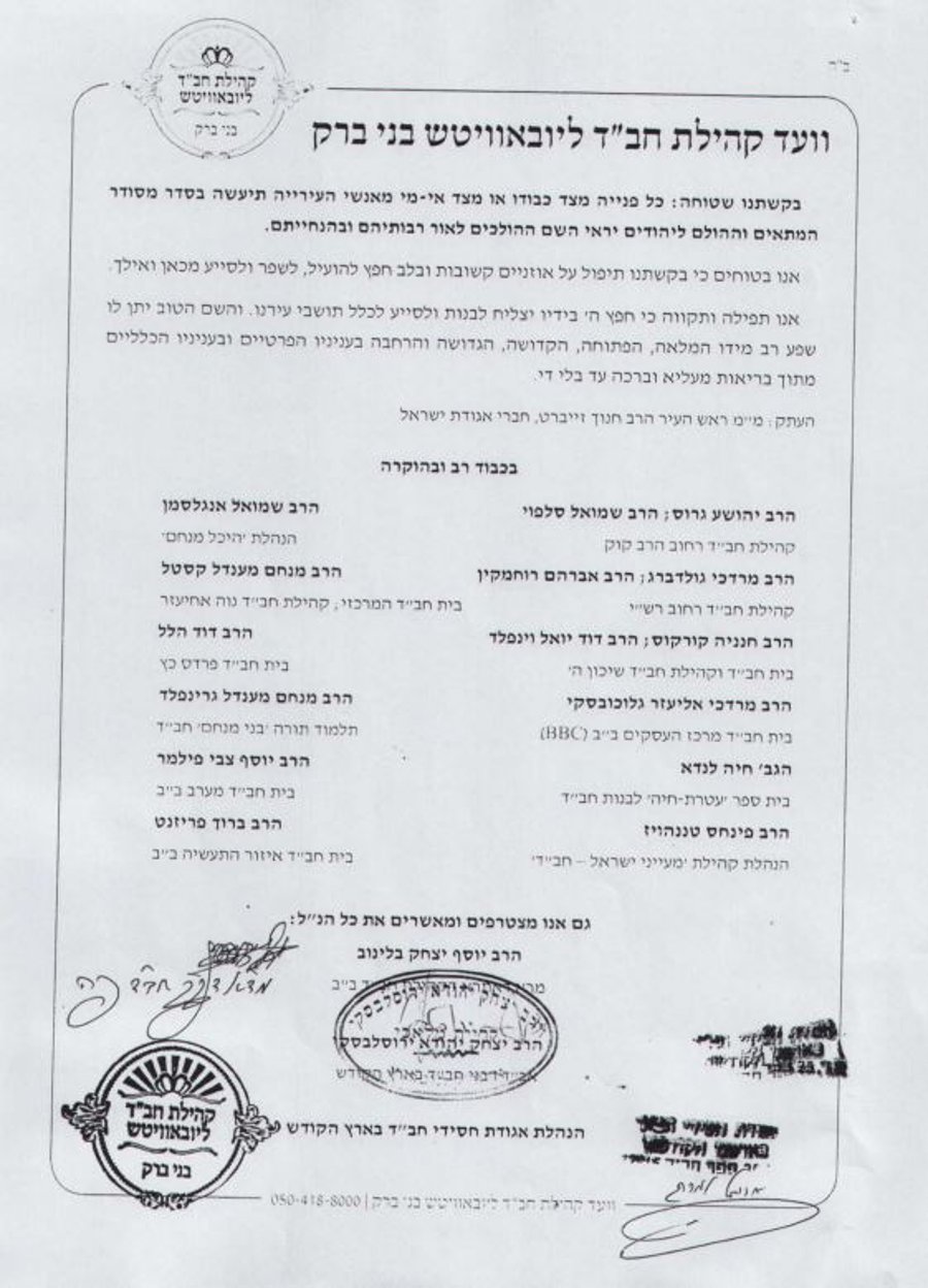 מכתב הרבנים שנשלח לראש העיר