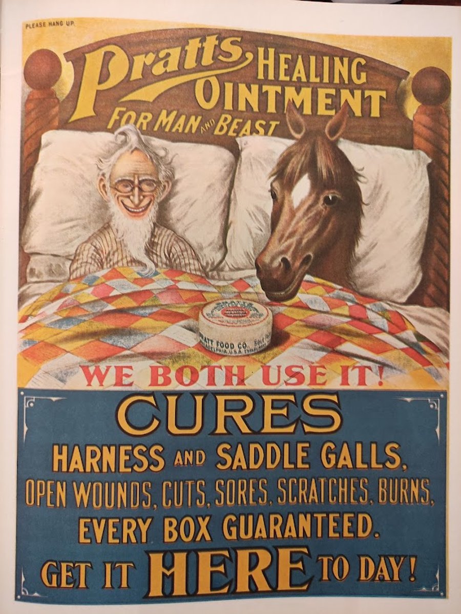פרסומת ל"משחת המרפא של פראטס" אשר לדברי המודעה יעילה גם לאדם וגם לסוס!