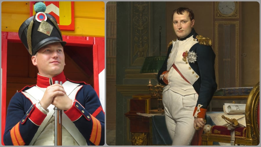 ימין: נפוליאון, ציור שמן של הצייר 'דויד'; שמאל: שחזור מדי צבא נפוליאון