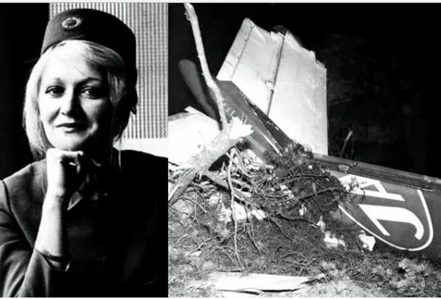 נאום הבטיחות שווה משהו? מימין: שרידי המטוס. משמאל: וסנה וולוביץ' כדיילת