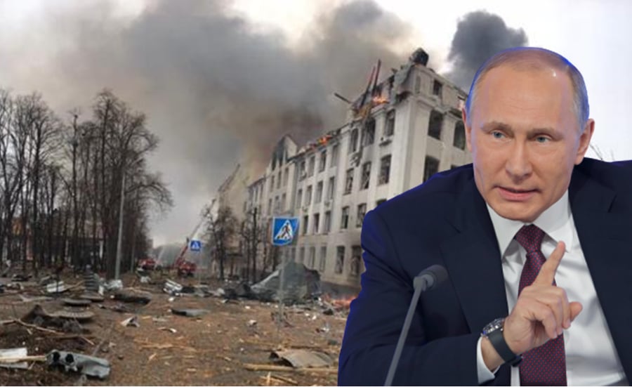 פוטין לצד ההריסות באוקראינה