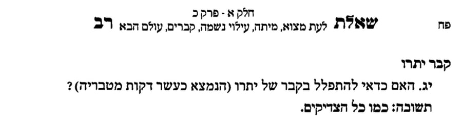 "כמו כל הצדיקים" השיב מרן שר התורה זצוק"ל לגבי תפילה בקבר יתרו. ספר שאילת רב דף פ"ח