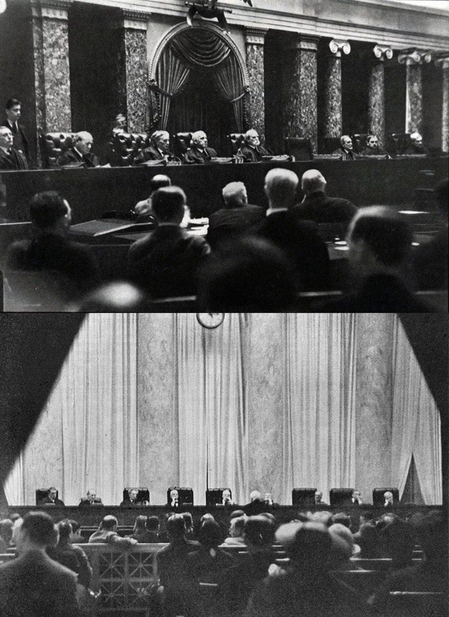 1932-1937, ארה"ב: בבית המשפט העליון האמריקני אסור לצלם. אך הנה שתי התמונות היחידות שהצליחו להגניב; התמונה למטה צולמה על ידי אשה מתוך פתח בתיק שלה