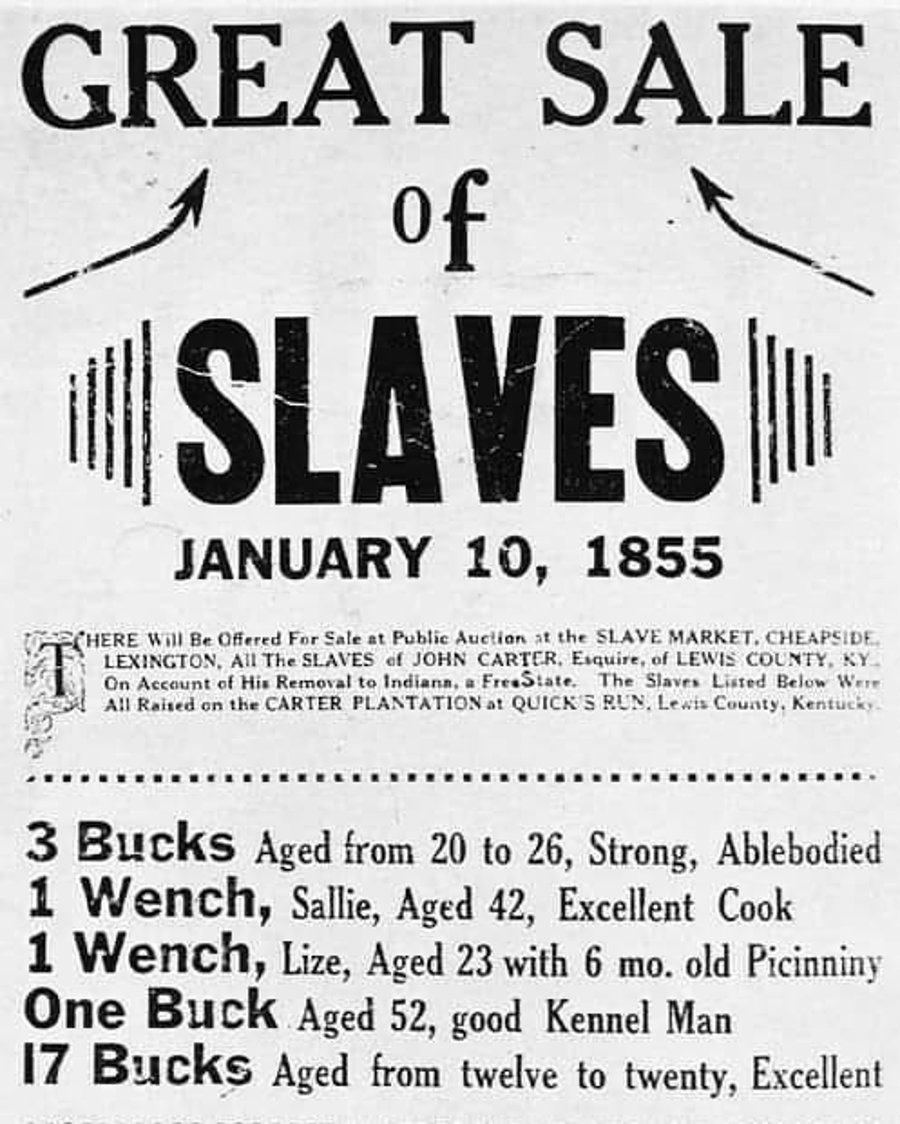 מודעה: "מכירת העבדים הגדולה" בעיר לקסינגטון שבקנטקי. למטה מופיעים פרטי כמה עבדים ומחירם. 1885