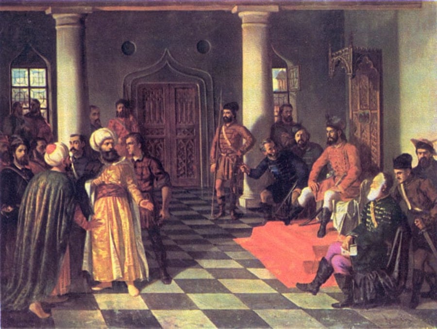ציור של ולאד המשפד עם שליחים עות'ומאנים