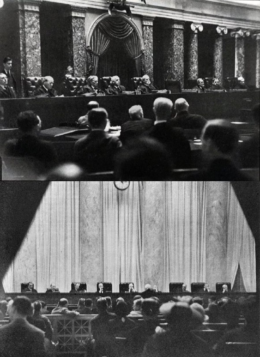 בבית המשפט העליון של ארה"ב אסור לצלם בתכלית האיסור. רק שתי תמונות אלו יצאו משם, והן צולמו בסתר. התמונה התחתונה צולמה מתוך תיק של אשה שביקרה במקום. 1932