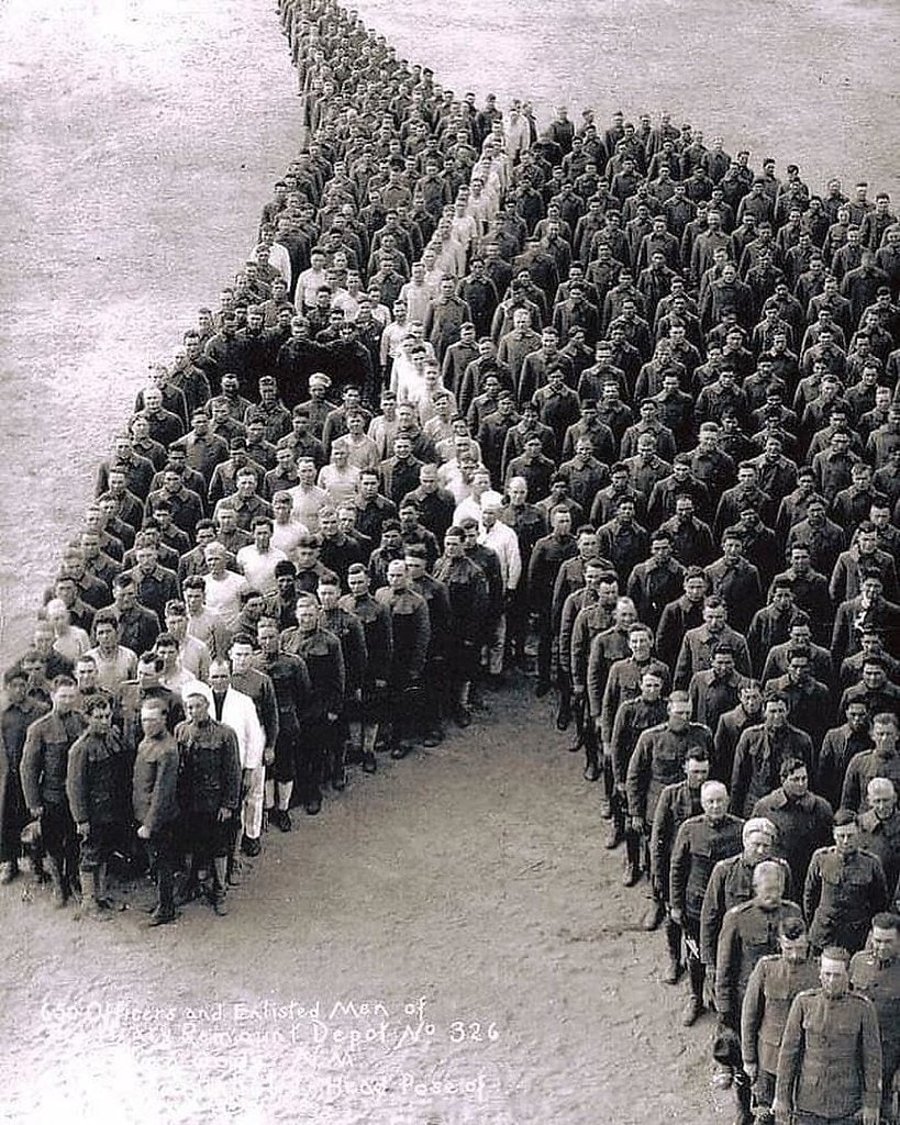 חיילים רבים מסתדרים לתמונה בצורת סוס, לזכר 8 מיליון סוסים, חמורים ופרדים שנהרגו במלחה"ע הראשונה