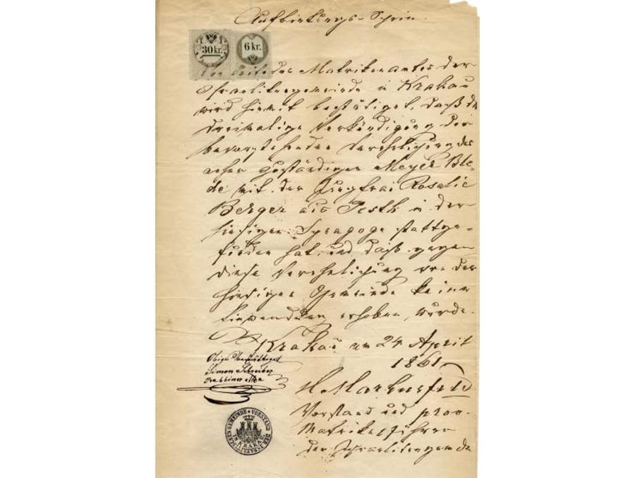 מסמך בחתימת ידו של הגאון רבי שמעון סופר אב"ד קראקא בנו של החתם סופר. קרקוב, תרכ"א 1861