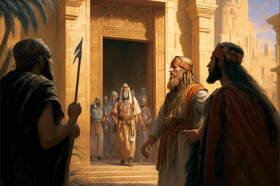 שוטרי ישראל פוגשים את משה ואהרון ביציאתם מארמון פרעה