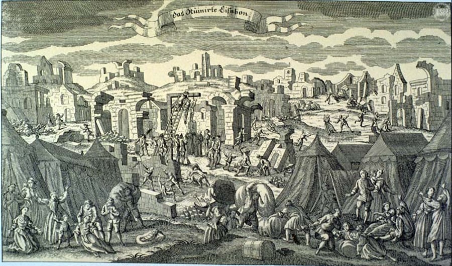 ניצולים מרעידת האדמה ההרסנית בפורטוגל חיו באוהלים מחוץ לחורבות ליסבון, כפי שניתן לראות בגילוף גרמני זה משנת 1755