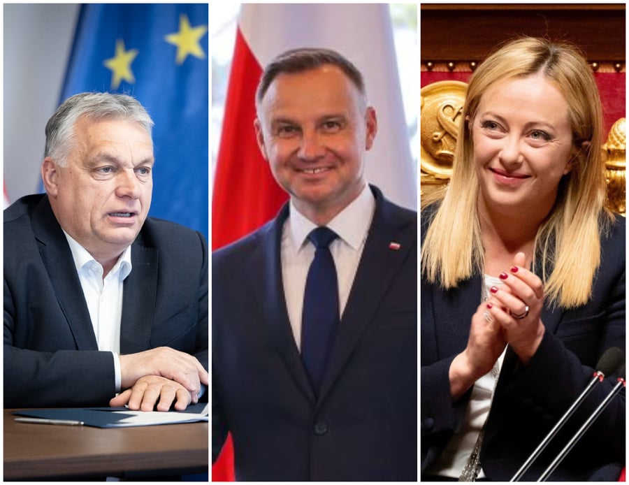 דומים, אך שונים | מימין לשמאל: ראש ממשלת איטליה מלוני, נשיא פולין דודה, ראש ממשלת הונגריה אורבן