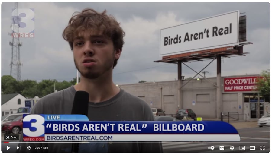דפיטר מק'ינדו בראיון, ברקע ניתן לראות את שלט החוצות עליו כתוב 'ציפורים אינם אמיתיות'