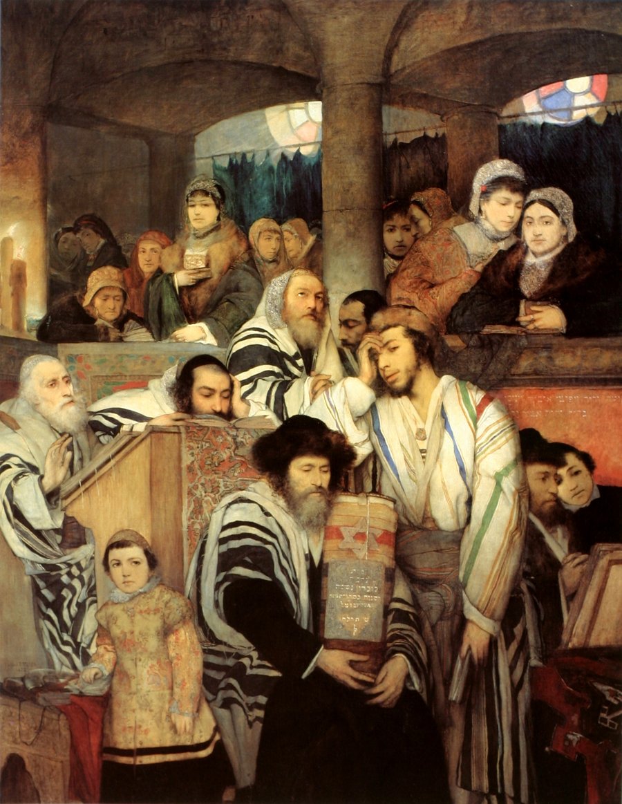 ציור של תפילת כל נדרי בבית הכנסת ביום הכיפורים