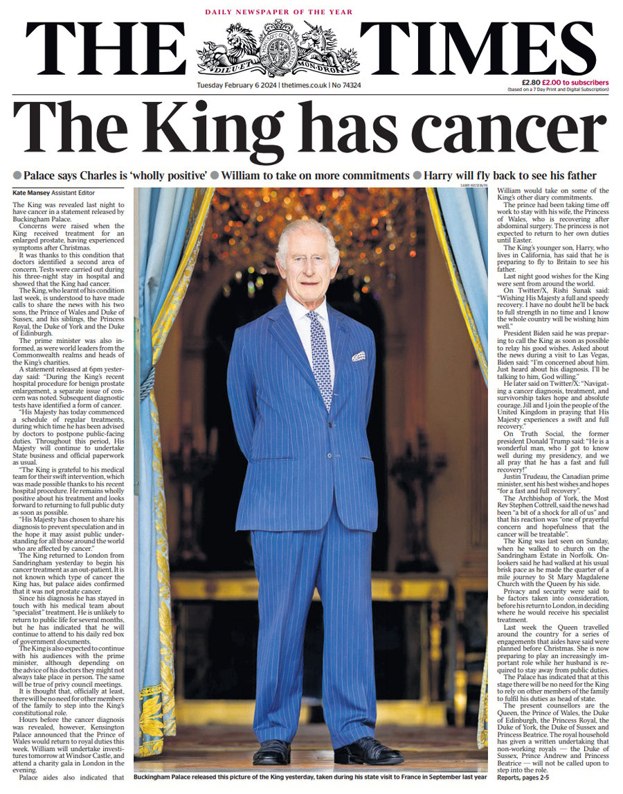 כותרות העיתונים בממלכה ביום שאחרי: "למלך יש סרטן"  