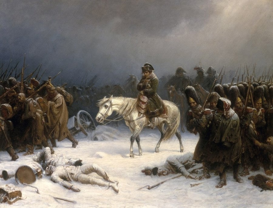 נפוליאון הנסוג ממוסקבה מתבוסס בשלג הרוסי, 1812