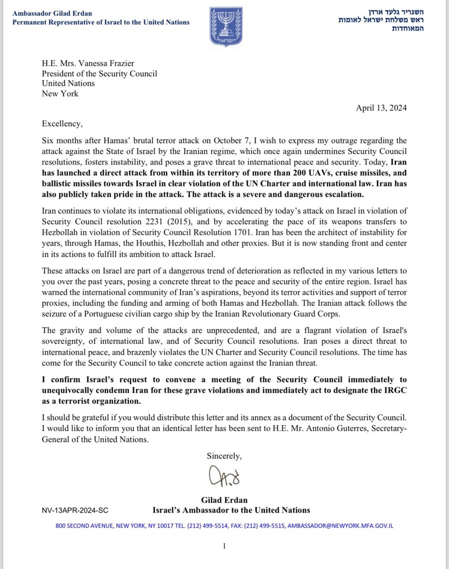 מכתבו של השגריר ארדן לנשיאת מועצת הבטחון