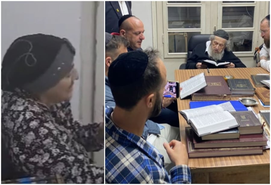 הרבנית לנדו עם אחת ממשפחות החטופים, ובעלה הגר"ד עם המשפחות