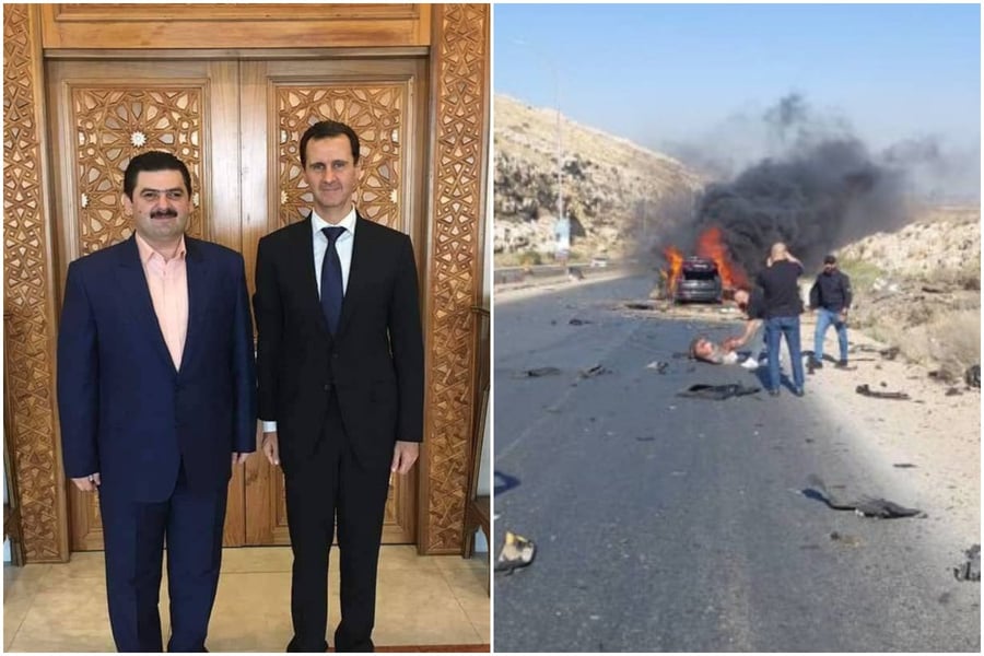 מימין: זירת הסיכול | משמאל: מוחמד בראא אל-קאטרג'י עם בשאר אסד