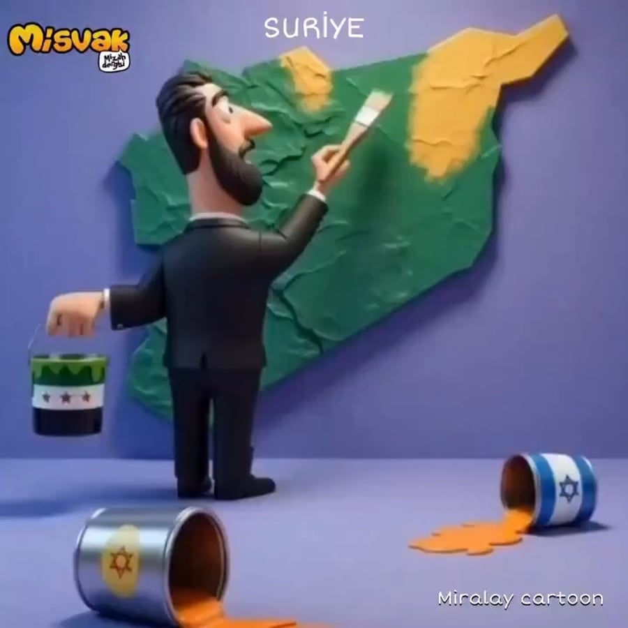 סרטון אנימציה טורקי שמסתובב ברשת מתאר את נשיא סוריה א-שרע צובע את כל שטח סוריה בירוק (צבע האסלאם) 