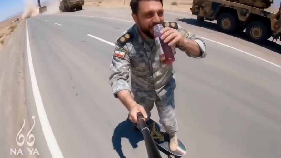 לגימת מיץ רימונים והחזקת מוט סלפי, על רקע תקיפות טילים  סרטון של דובר הצבא האיראני, אברהים זולפיקארי, שהפך ויראלי.