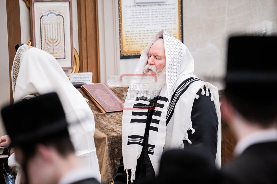 האדמו"ר מבאבוב מתעטף בטלית לפני תפילת שחרית במונסי